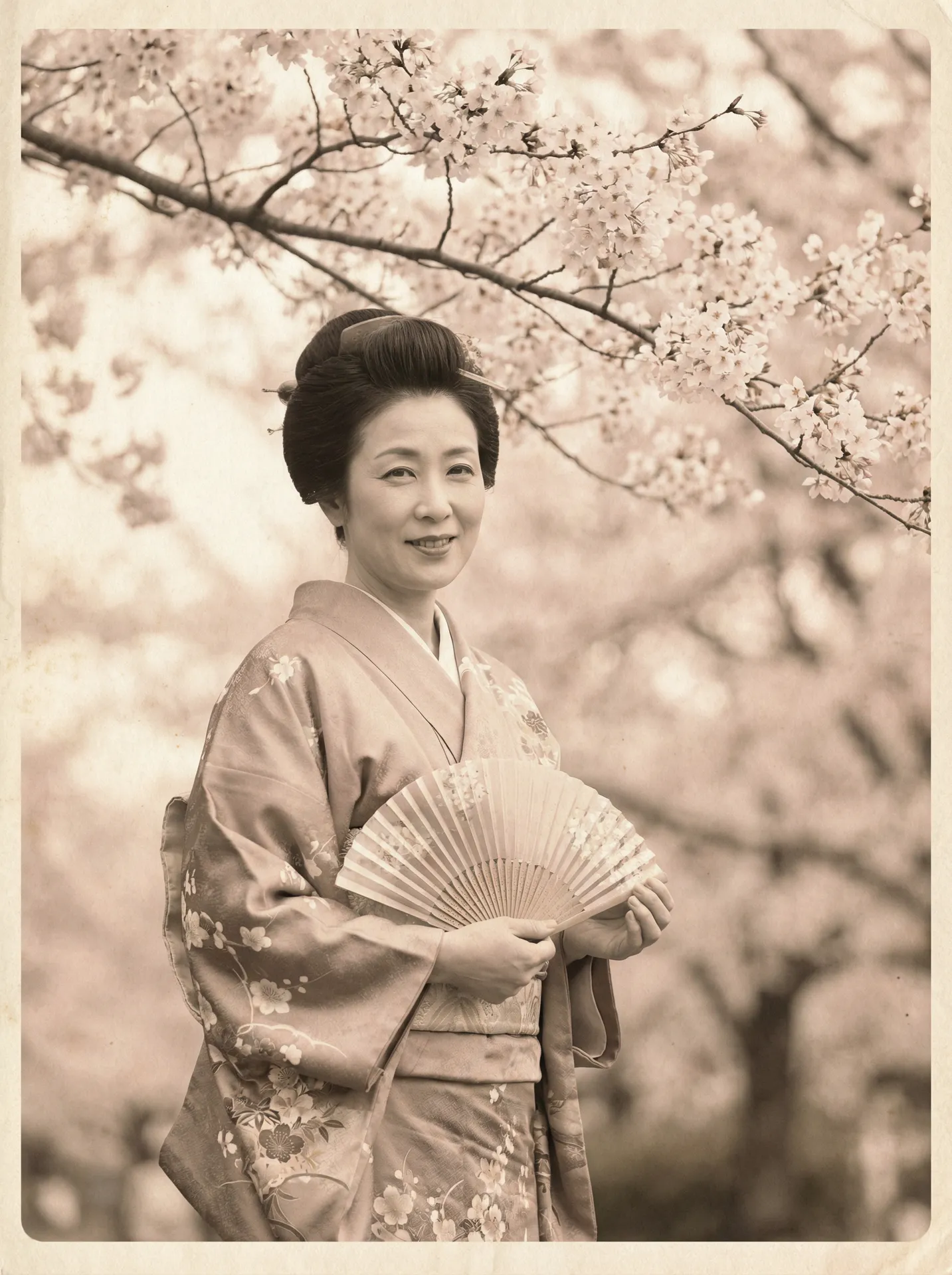 一位持扇的优雅 七次郎在线视频新 在樱花树下的复古写真