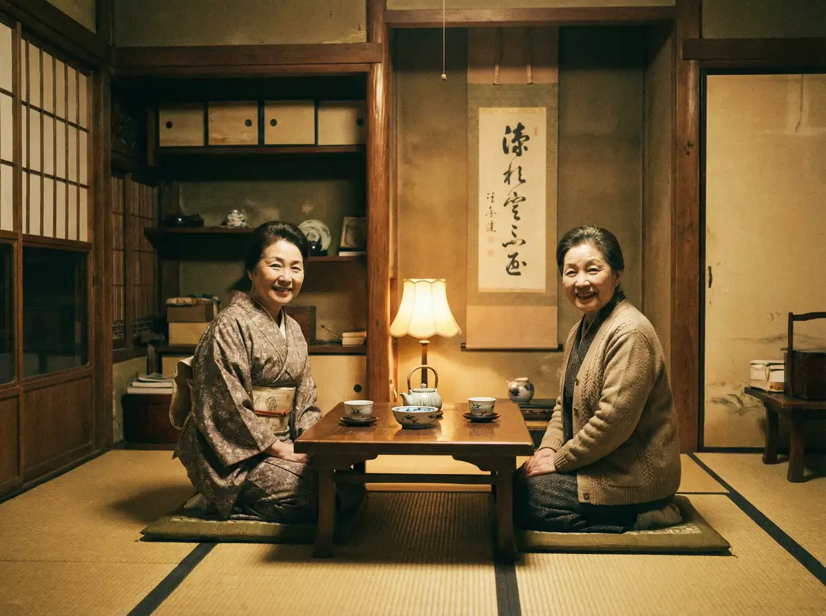 两位优雅的 七次郎在线视频新 在日式茶室中品茶交谈